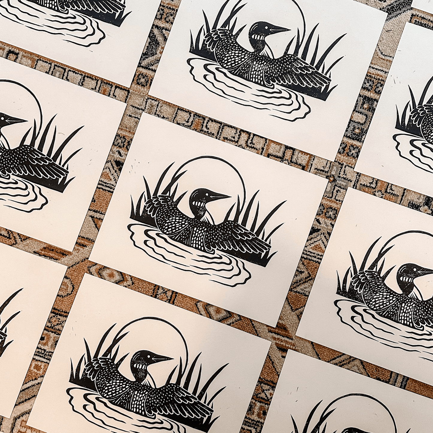 "Penguin Dance" - 8x10 Handmade Loon Block Print - Amber Share Design -