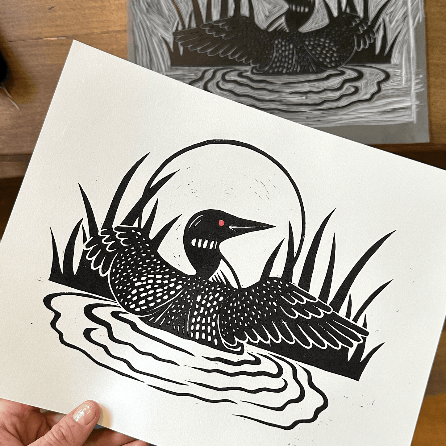 "Penguin Dance" - 8x10 Handmade Loon Block Print - Amber Share Design -
