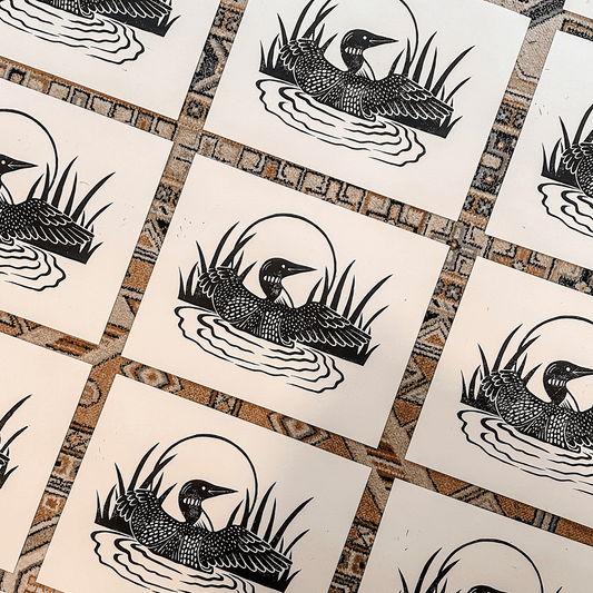 "Penguin Dance" - 8x10 Handmade Loon Block Print - Amber Share Design - 