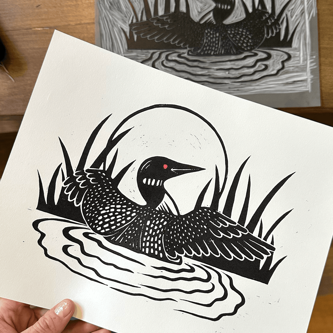 "Penguin Dance" - 8x10 Handmade Loon Block Print - Amber Share Design - 