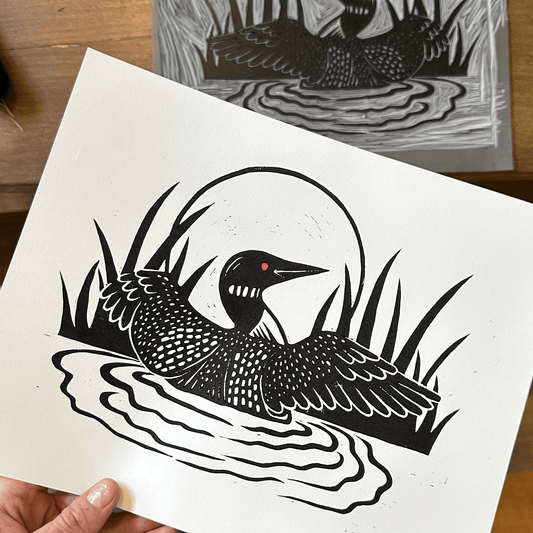 "Penguin Dance" - 8x10 Handmade Loon Block Print - Amber Share Design - 