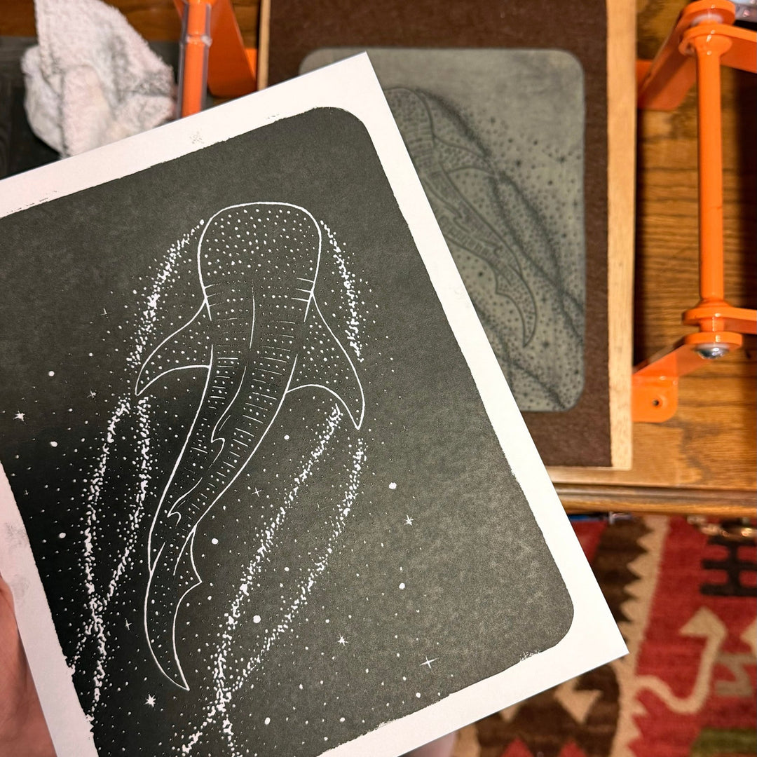 "Star Stuff" - 8x10 Handmade Whale Shark Block Print - Amber Share Design - 