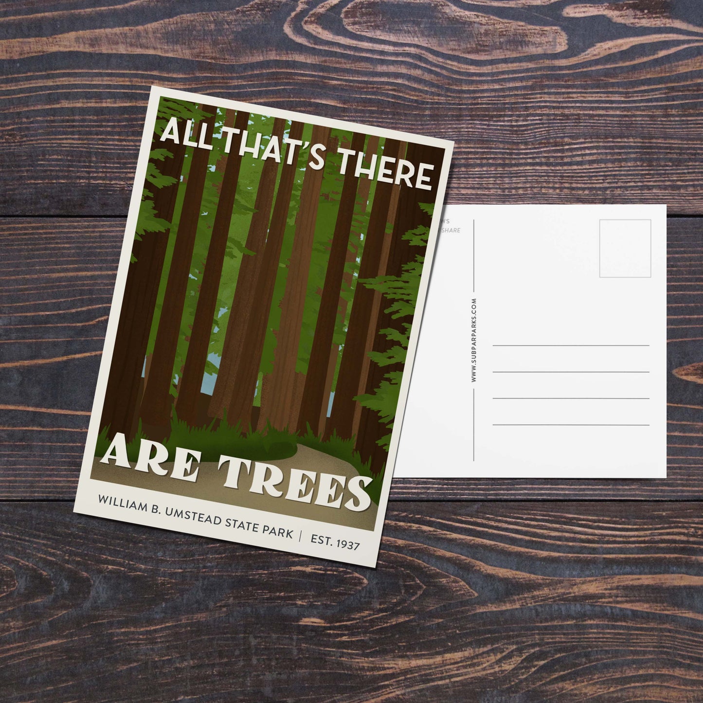 Subpar Parks™ American State Parks Postcards - Amber Share Design-William B Umstead State Park (NC)--